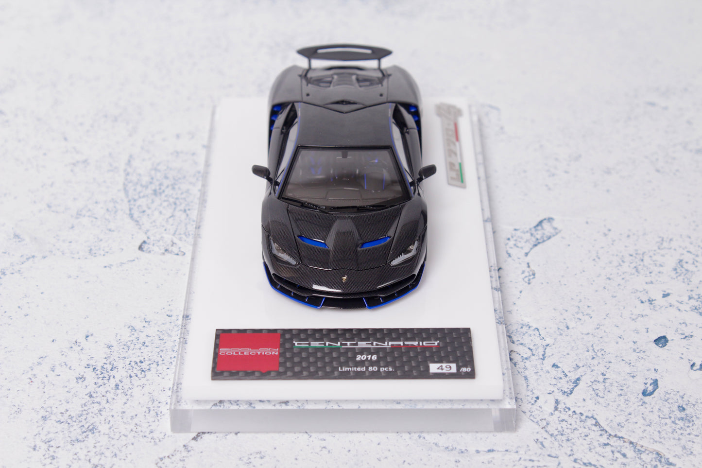 Lamborghini Centenario LP770-4 2016 Rear Wing up in Visible Carbon with Blue Accents — 04