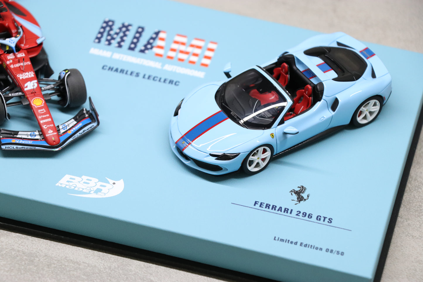 BBR Ferrari SF-24 and 296 GTS special livery Miami GP 2024 customized for Leclerc -Limited 50 PCS